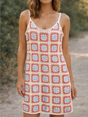 Crochet Square-Pattern Slip Dress in White, Coral & Light Blue